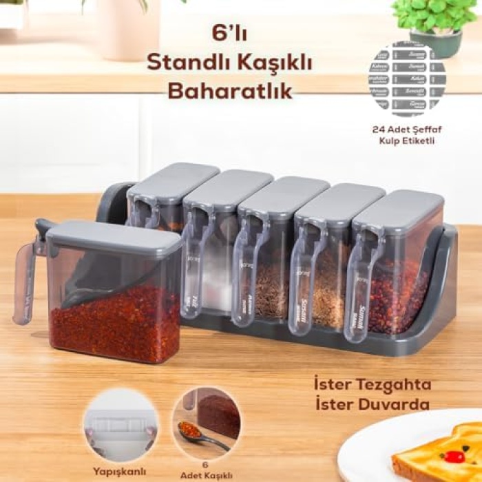 1182 6 lı Standlı Kendinden Yapışkanlı Kapaklı Kaşıklı Baharatlık Takımı - Baharatlık - Antrasit