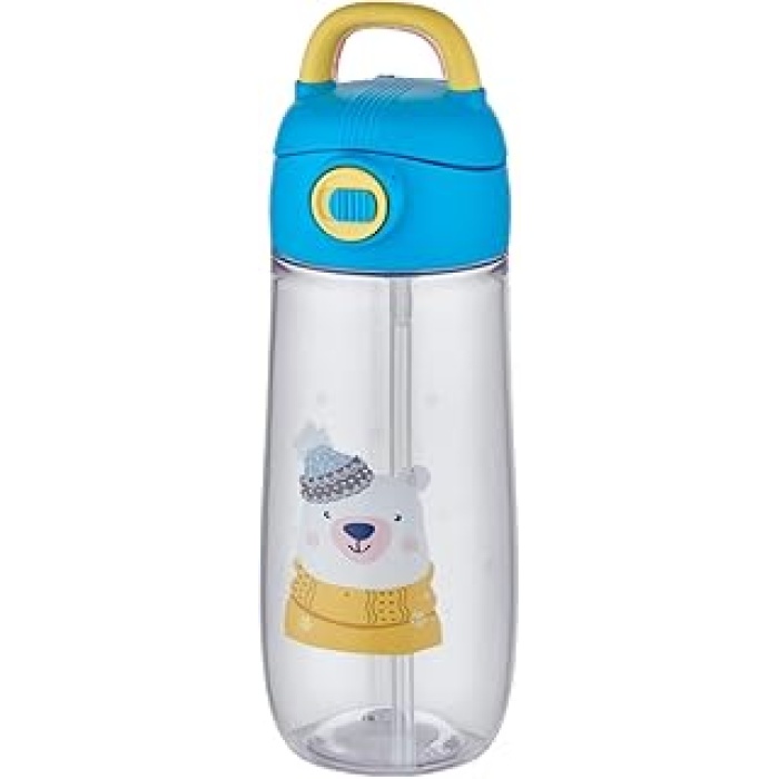 550 ml Pipetli Desenli Çocuk Su Matarası Kilitli Kapak Taşıma Kulplu