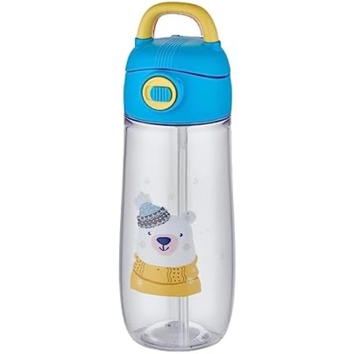 550 ml Pipetli Desenli Çocuk Su Matarası Kilitli Kapak Taşıma Kulplu