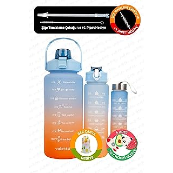 Eldorado 3Lü Set Bpa Içermez Motivasyonel Su Matarası Mavi Su Matarası,Su Şişesi,Suluk Vlt1288