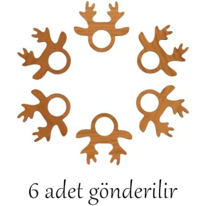 Peçete Yüzüğü, Peçetelik, Ahşap Yılbaşı Peçete Yüzüğü, Yılbaşı Temalı 6 Kişilik Ahşap Peçetelik, Yılbaşı Sofra Sunum Peçete Halkası