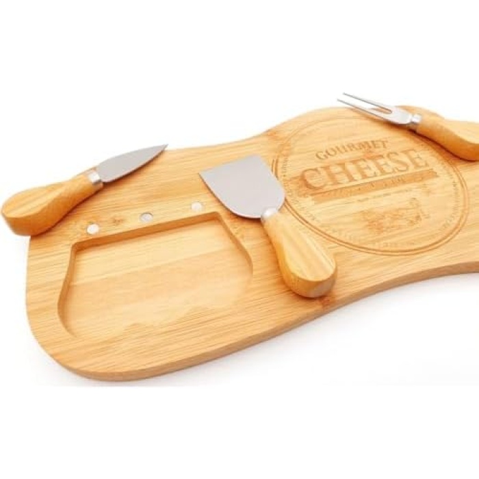 Bambu Peynir Sunum Tabağı, 3 Parça Peynir Bıçağı ve Çatalı Seti, Toplam 4 Parça, Doğal ve Şık Bambu Peynir Tabağı, Kaliteli Bambu Sunum Seti 33x17 cm Ebatlarında