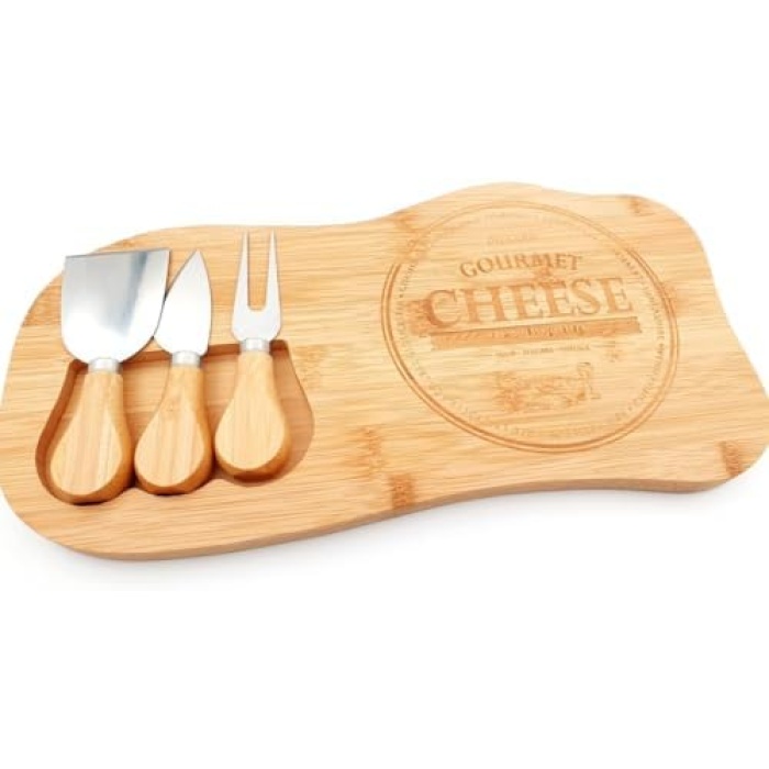 Bambu Peynir Sunum Tabağı, 3 Parça Peynir Bıçağı ve Çatalı Seti, Toplam 4 Parça, Doğal ve Şık Bambu Peynir Tabağı, Kaliteli Bambu Sunum Seti 33x17 cm Ebatlarında