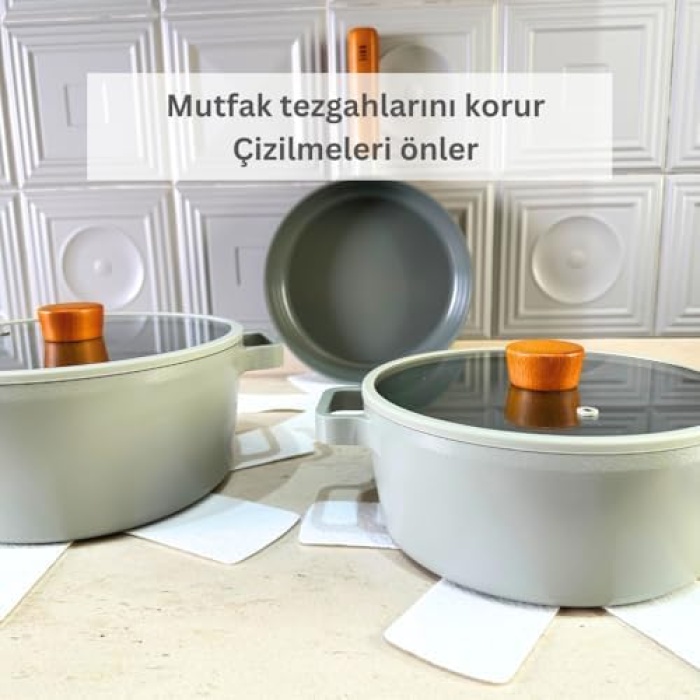 12 Li Set Tencere Tava Koruyucu Borcam Çizdirmez Keçe Düzenleyici Beyaz