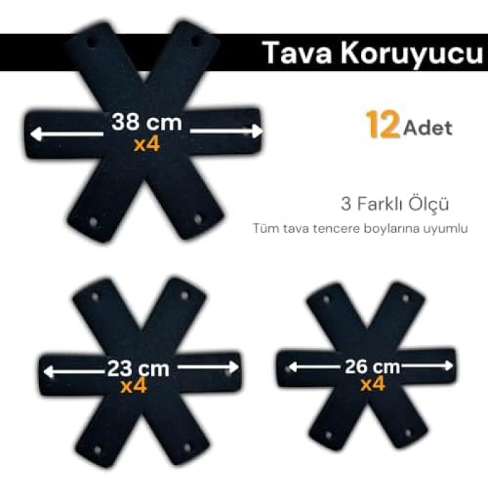 12 Adet Tencere Tava Koruyucu Düzenleyici Çizilme Önleyici Set Siyah