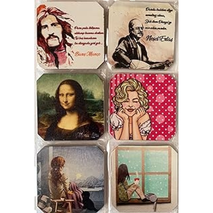 Altlığı 6lı Şans Butiği Ahşap Baskılı Doğa, Ünlüler, Sanat Eserleri, Mandala, İlham Verici Görsel & İçerikler Asorti Easyso4134