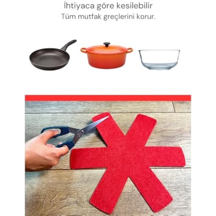 12 Li Set Tencere Tava Koruyucu Borcam Çizdirmez Keçe Düzenleyici Kırmızı