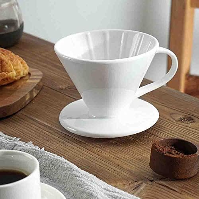 Seramik Kahve Dripper - Porselen Kahve Dripper - Kahve Demleyici - Kahve Aleti - No: 2 - Beyaz (Hario V60 Benzeri)