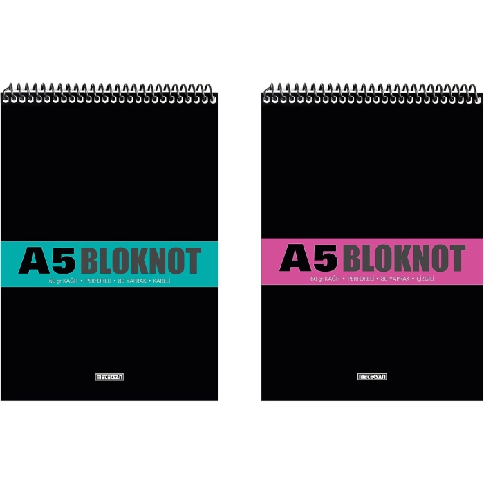 A5 Pet Spiralli Bloknot 80 Yaprak 4lü Paket, Kareli, Çizgili