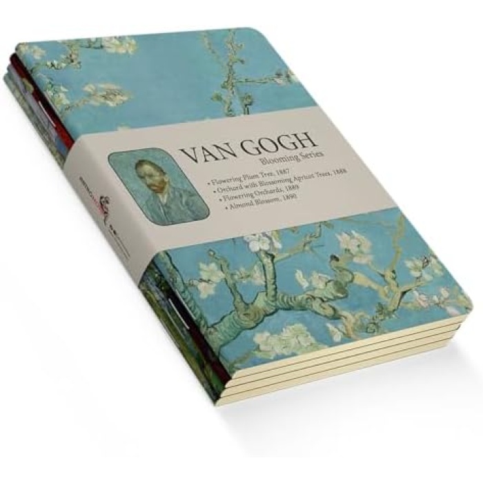 Blooming Series - A5, Van Gogh 4lü Defter Seti II, Çizgisiz, Toplam 256 Sayfa, Her biri 64 Sayfa, Tel Dikiş, Esnek Kapak, Oval Kenar, Tuval Doku, 60 gram, Sarı Krem Renk