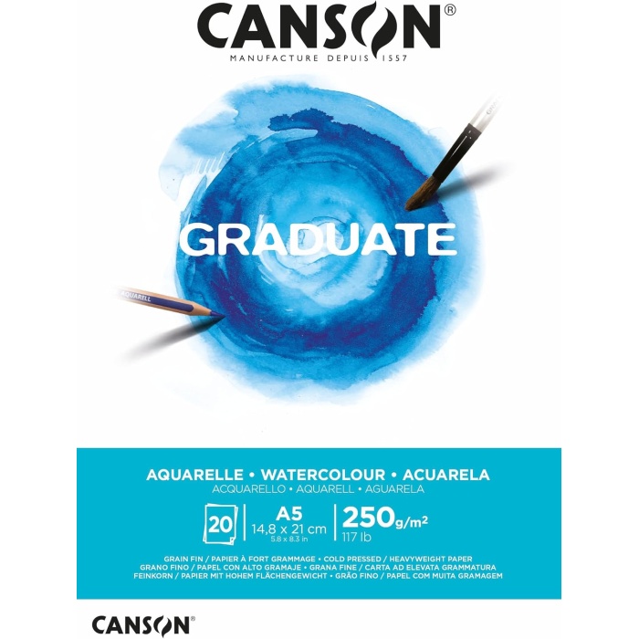 Mezun Suluboya 250 gsm A5 Kağıt, Soğuk Preslenmiş, Tampon Yapıştırılmış Kısa Taraf, 20 Doğal Beyaz Çarşaf, Öğrenci Sanatçılar için İdeal