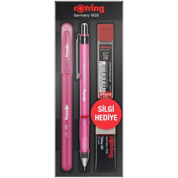 Visuclick Jel Okul Seti 0,7 mm, Mekanik Kurşun Kalem, Uç ve Silgi Seti, Pembe