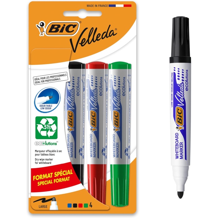 Velleda 1701 Eco Yuvarlak Uçlu Beyaz Tahta Kalemi 4lü Blister Karışık Renkler