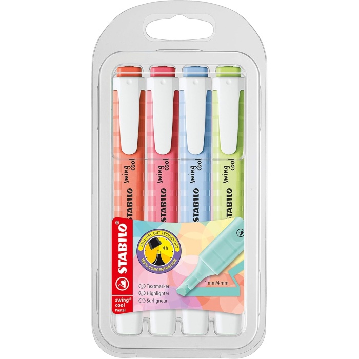 Fosforlu Kalem - Swing Cool Pastel - 4lü Paket - Mercan Kırmızısı, Kiraz Çiçeği Pembesi, Bulut Mavisi, Misket Limonundan Tutam