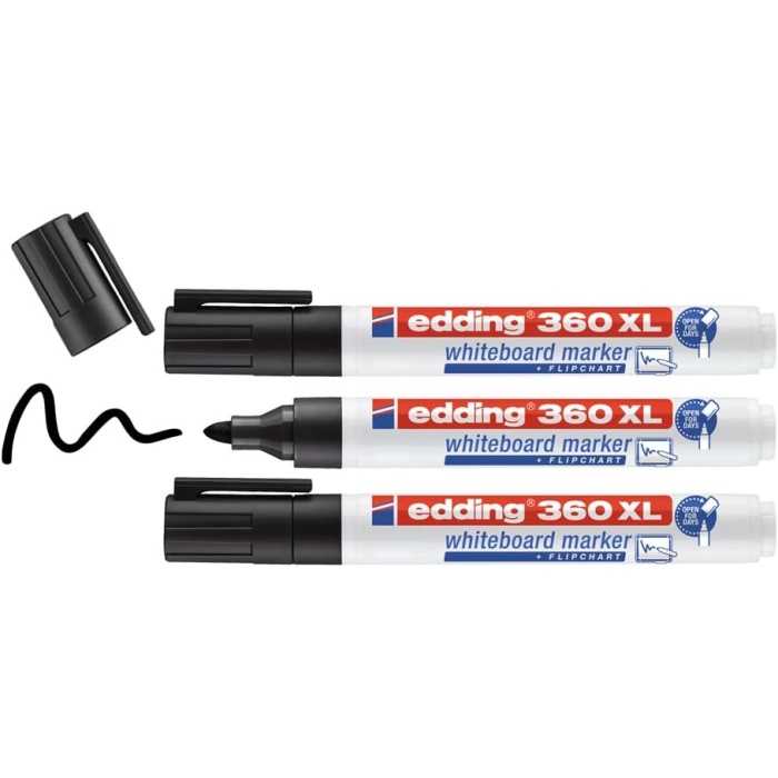 360 XL beyaz yazı tahtası kalemi, siyah, 3lü set, yeniden doldurulabilir