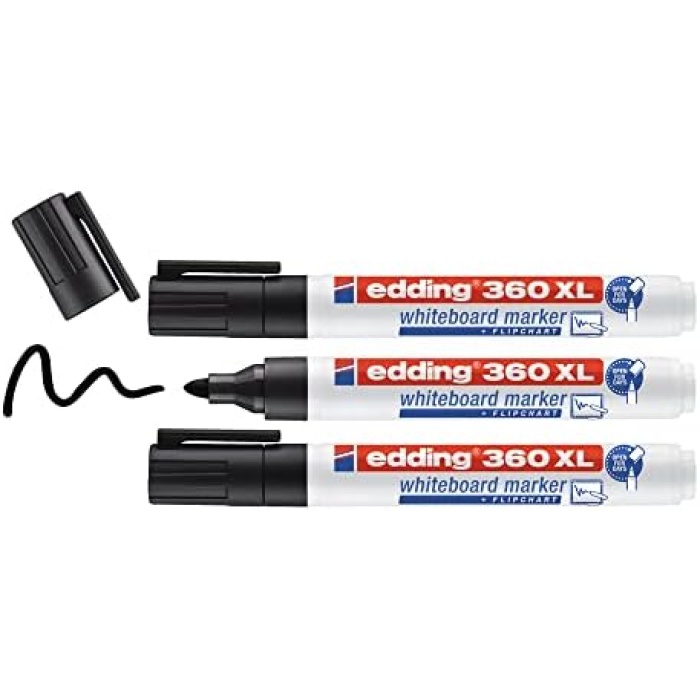 360 XL beyaz yazı tahtası kalemi, siyah, 3lü set, yeniden doldurulabilir