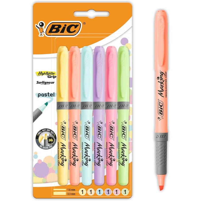 Intensity Highlighter Grip Pastel Marker Fosforlu Kalem 6lı Blister, Su Bazlı Mürekkep, 6 Pastel Renk, Kauçuk Tutaçlı