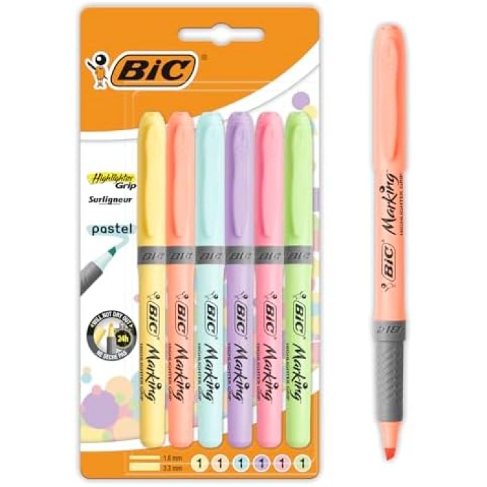 Intensity Highlighter Grip Pastel Marker Fosforlu Kalem 6lı Blister, Su Bazlı Mürekkep, 6 Pastel Renk, Kauçuk Tutaçlı