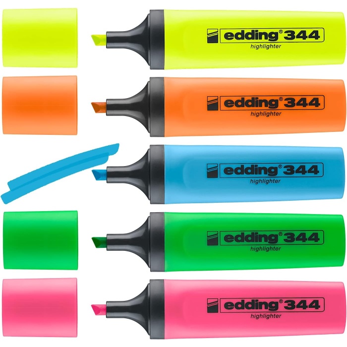 344 fosforlu kalem seti - sarı, turuncu, mavi, pembe, yeşil - 5 fosforlu kalem - 2-5 mm kesik uç