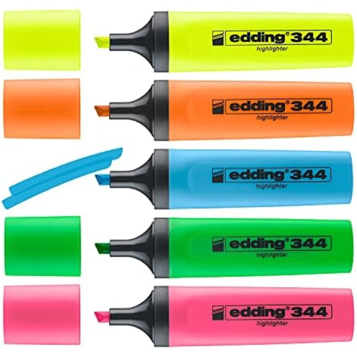 344 fosforlu kalem seti - sarı, turuncu, mavi, pembe, yeşil - 5 fosforlu kalem - 2-5 mm kesik uç