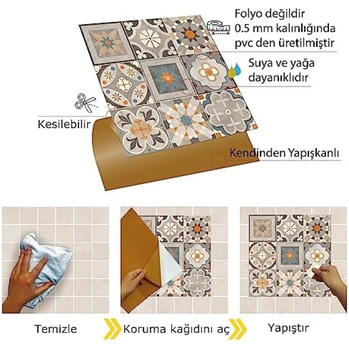 Kendinden Yapışkanlı Apricot Desenli PVC Karo 30x30 cm (11 Adet / 1 m²)
