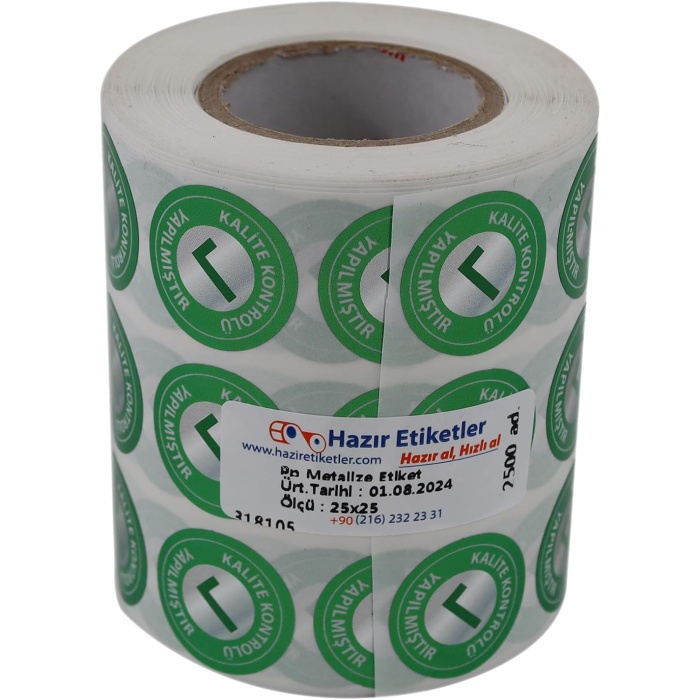 etiketler , hazır al hızlı al Metalize Kalite Kontrolü Yapılmıştır Etiketi 25mm Çap 2500 Adet Yan Yana 3 lü