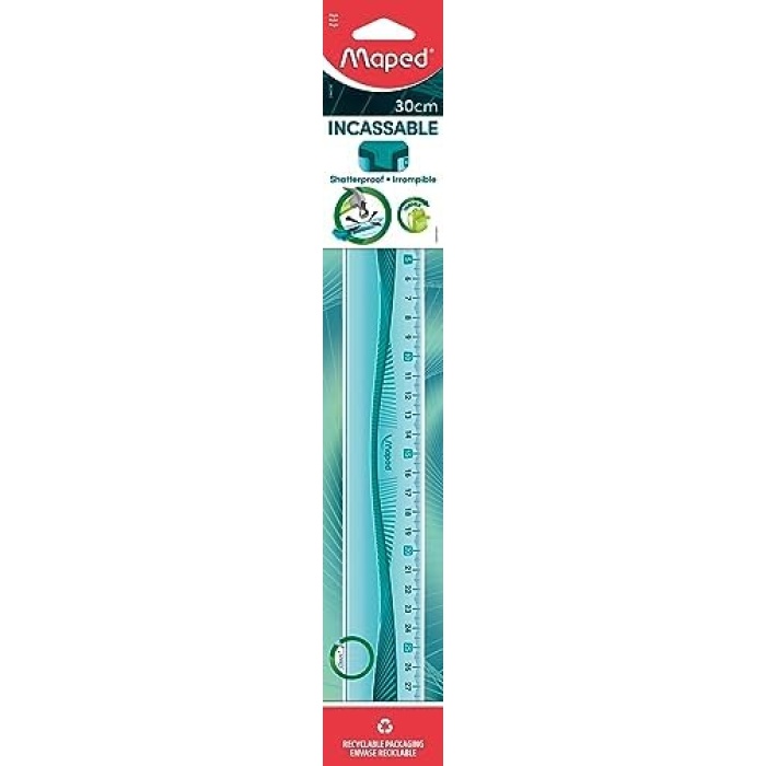 Cetvel, düz, kırılmaz, kir tutmayan kenarlı, yumuşak, kaymaz, düz, 30 cm, mavi