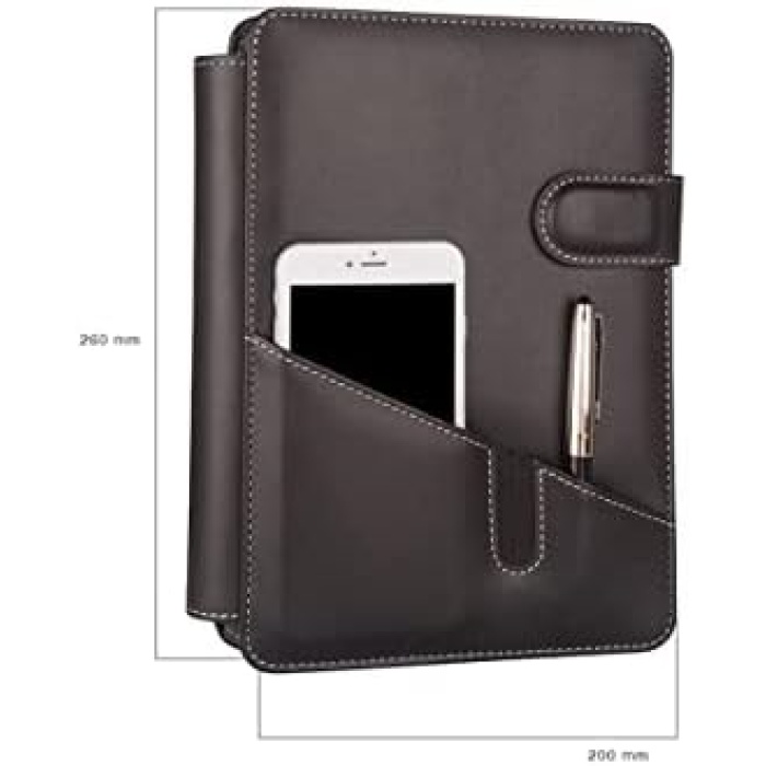 5291 Ajanda Tarihsiz Çizgili Suni Deri Telefon Kılıflı 4 Halka Mekanizmalı Hesap Makineli Organizer, Siyah