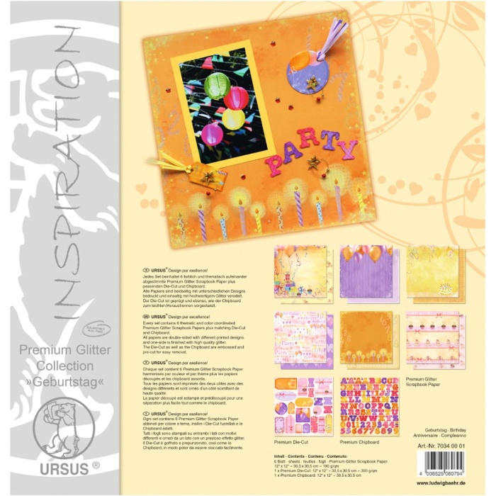 70340001 - Premium Glitter Collection doğum günü, yakl. 30,5 x 30,5 cm, 6 yaprak kağıt, 1 kesim ve 1 yonga tahtası