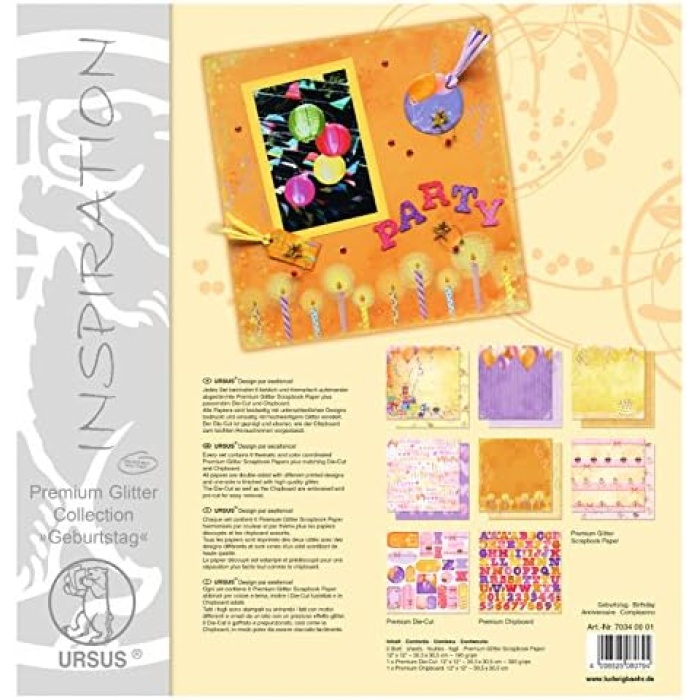 70340001 - Premium Glitter Collection doğum günü, yakl. 30,5 x 30,5 cm, 6 yaprak kağıt, 1 kesim ve 1 yonga tahtası