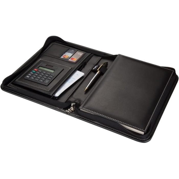 5250 Ajanda Tarihsiz Kareli 17x24 cm Defterli 160 Yapraklı Fermuarlı Hesap Makineli Suni Deri Organizer,Siyah