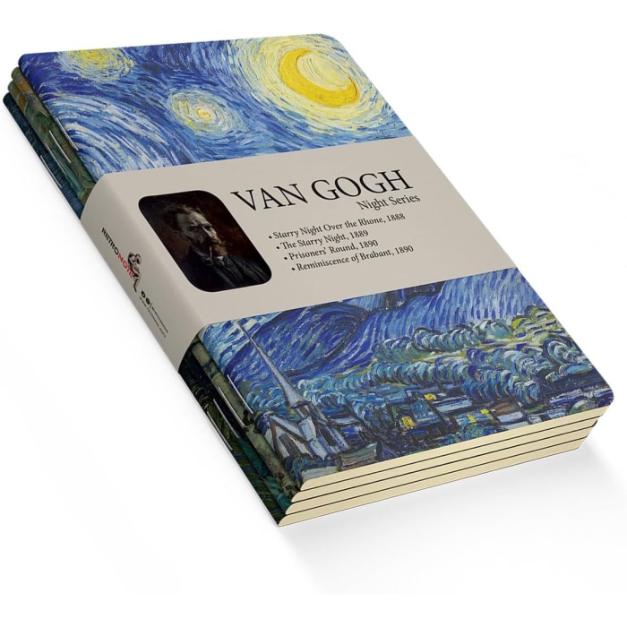 Night Series - A5, Van Gogh 4lü Defter Seti I, Çizgisiz, Toplam 256 Sayfa, Her biri 64 Sayfa, Tel Dikiş, Esnek Kapak, Oval Kenar, Tuval Doku, 60 gram, Sarı Krem Renk