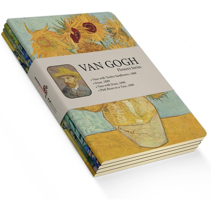 Flowers Series - A5, Van Gogh 4lü Defter Seti III, Çizgisiz, Toplam 256 Sayfa, Her biri 64 Sayfa, Tel Dikiş, Esnek Kapak, Oval Kenar, Tuval Doku, 60 gram, Sarı Krem Renk