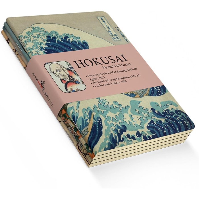 Mount Fuji Series I - A5, Hokusai 4lü Defter Seti I, Çizgisiz, Toplam 256 Sayfa, Her biri 64 Sayfa, Tel Dikiş, Esnek Kapak, Oval Kenar, Tuval Doku, 60 gram, Sarı Krem Renk