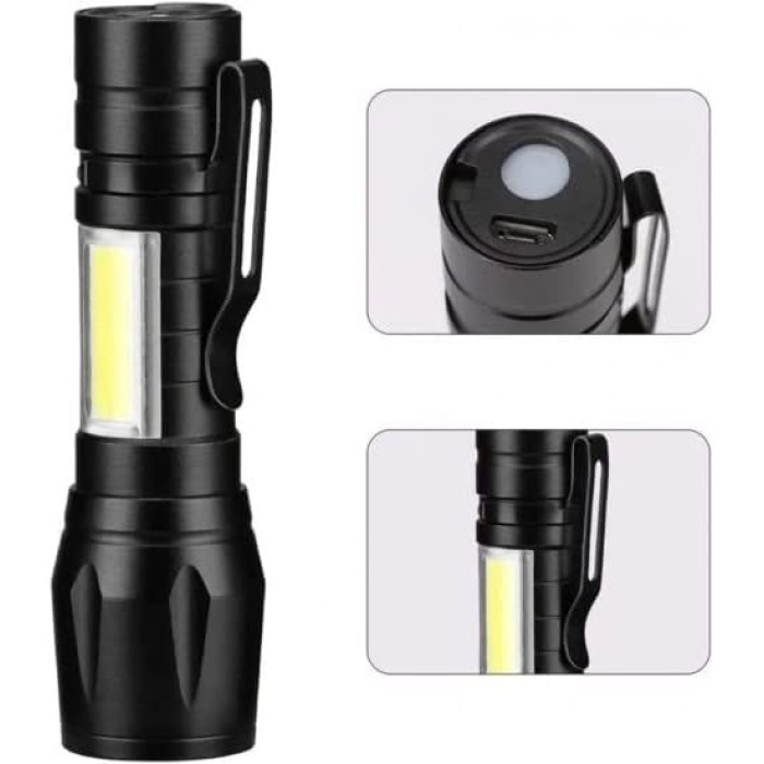 Taktikal Fener Led USB Ultra Güçlü Mini Boy Şarjlı El Feneri, Siyah