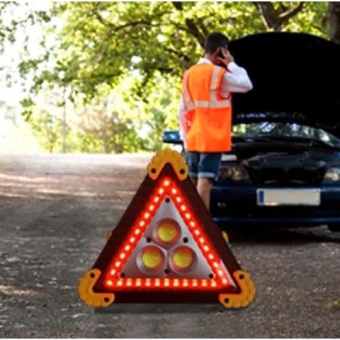 Güneş Enerjili Şarj Edilebilir Işıklı Üçgen Reflektör, LED Projektör Trafik Acil Durum Feneri Flaşör, 5 Farklı Mod, Uzun Süreli Kullanım
