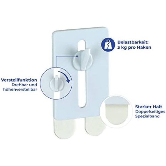Kendinden yapışkanlı çivi, Strip-it sabitlemeli 2li set, kademesiz yüksekliği ayarlanabilir yapışkan çivi, resim çerçevelerini vs. takmak için, her biri 4 x 6 x 1,5 cm, plastik, beyaz