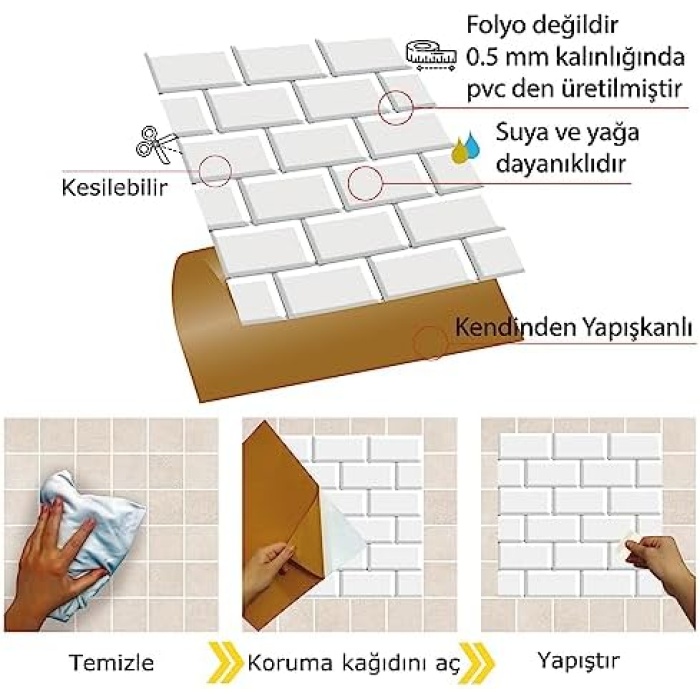 Kendinden Yapışkanlı Metro Karo Desenli PVC Karo 30x30 cm (11 Adet / 1 m²)