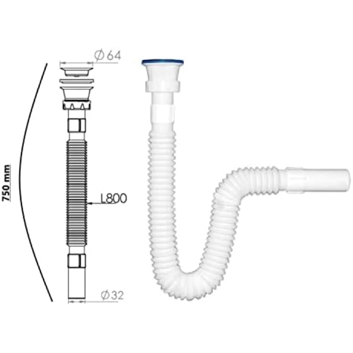 1.Kalite Paslanmaz Çelik Süzgeçli Lavabo Gider Hortumu/Körüklü Lavabo Sifonu/Eviye Gider Borusu (75 cm)