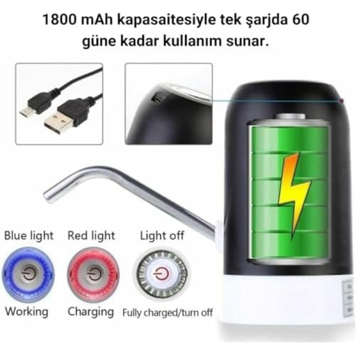 Pompası Şarjlı Tek Motorlu Otomatik Damacana Su Pompası: USB ile Kolay Şarj Edilebilir, Taşınabilir ve Hijyenik Su Dağıtım Çözümü Yüksek KALİTE BPA İÇERMEZ