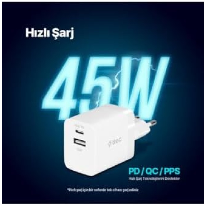 2SCP02B SmartCharger Duo PD 45W Seyahat Hızlı Şarj Aleti USB-C+USB-A