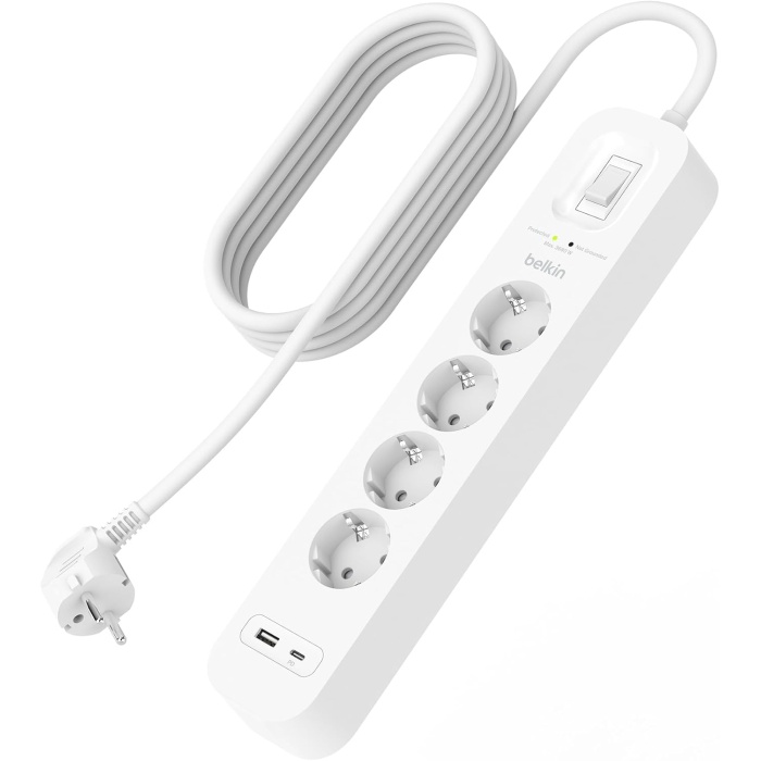 4lü çoklu priz, yüksek gerilim korumalı, duvara montaj, 4 priz, 2 m güç kablosu, yeşil ışıklı gösterge, hızlı şarj için USB C PD’li USB-C ve USB-A bağlantısı; 525 jul koruma