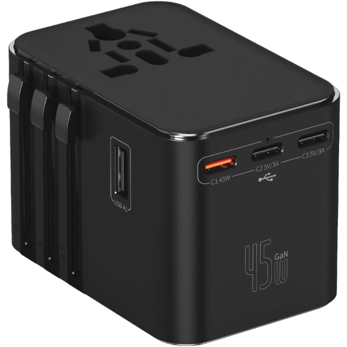 45W Şarj Cihazı ve 2x USB ve 3x TYPE-C Girişli Universal Seyahat Adaptörü, Priz Dönüştürücü 200den Fazla Ülke ile Uyumlu, ABD, İngiltere, AUS, AB