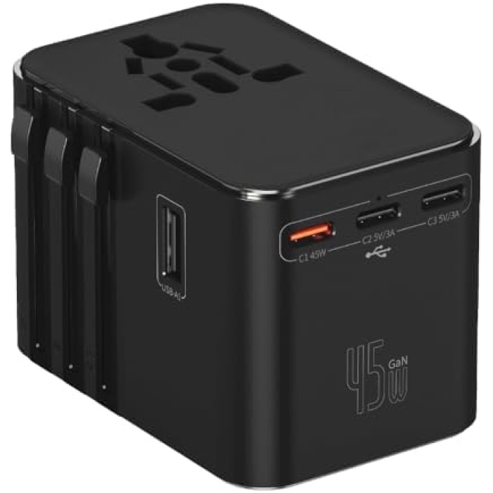 45W Şarj Cihazı ve 2x USB ve 3x TYPE-C Girişli Universal Seyahat Adaptörü, Priz Dönüştürücü 200den Fazla Ülke ile Uyumlu, ABD, İngiltere, AUS, AB