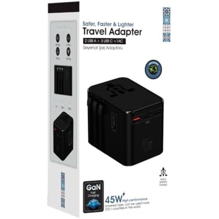 45W Şarj Cihazı ve 2x USB ve 3x TYPE-C Girişli Universal Seyahat Adaptörü, Priz Dönüştürücü 200den Fazla Ülke ile Uyumlu, ABD, İngiltere, AUS, AB