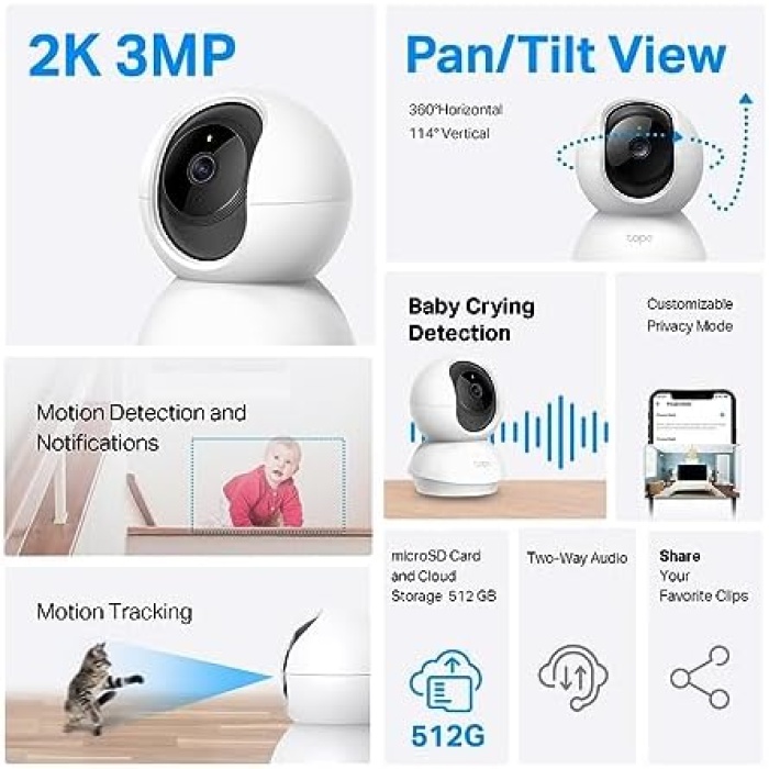 Tapo C210, 2K 3MP, Hareket Tespit ve Takibi, 360°, 9m Gece Görüşü, Çift Yönlü Sesli İletişim, Sesli Alarm, Bulut/Yerel Depolama, Bebek Ağlaması Tespiti, İç Mekan Wi-Fi Güvenlik Kamerası
