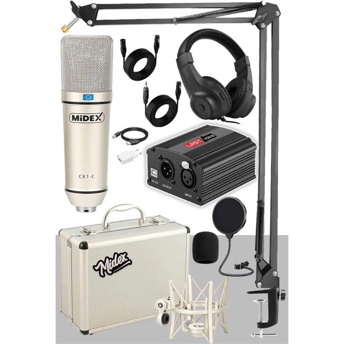CX1-PH Kondanser Stüdyo Mikrofon Phantom Power Kulaklık Stand Full Set