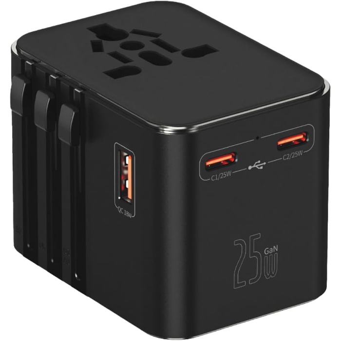 25W Şarj Cihazı ve 1x USB ve 2x TYPE-C Girişli Universal Seyahat Adaptörü, Priz Dönüştürücü 200den Fazla Ülke ile Uyumlu, ABD, İngiltere, AUS, AB