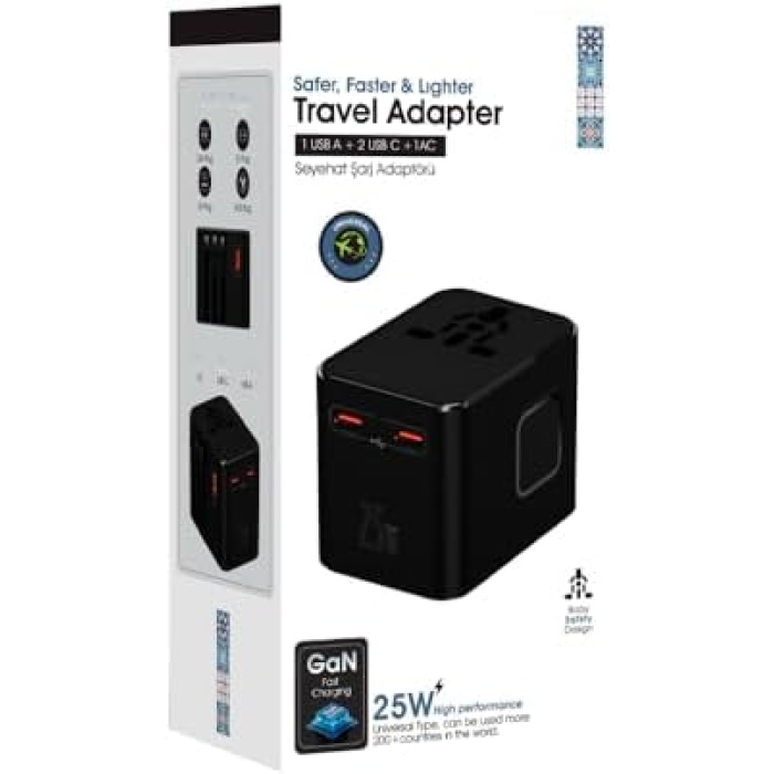 25W Şarj Cihazı ve 1x USB ve 2x TYPE-C Girişli Universal Seyahat Adaptörü, Priz Dönüştürücü 200den Fazla Ülke ile Uyumlu, ABD, İngiltere, AUS, AB