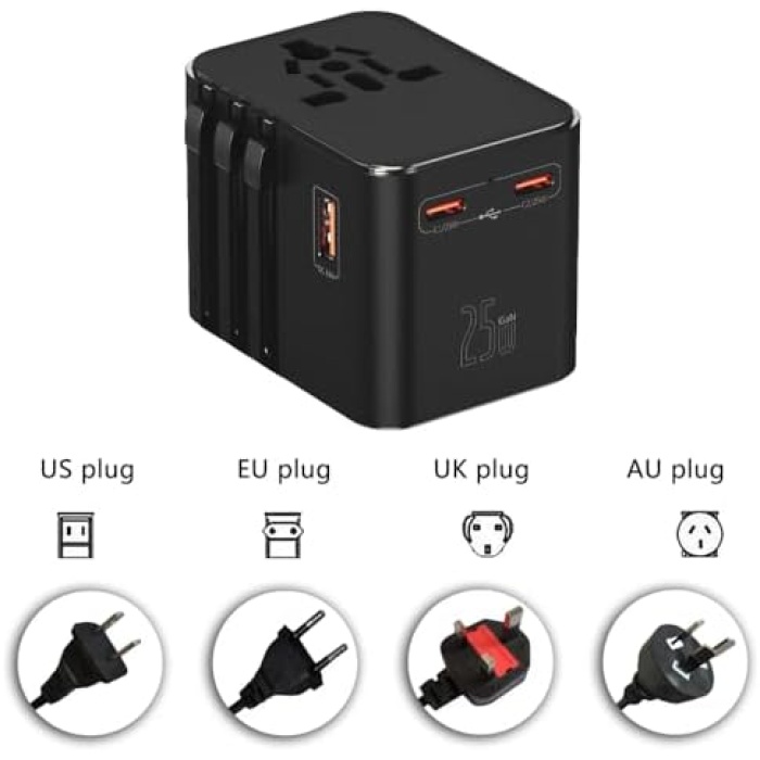 25W Şarj Cihazı ve 1x USB ve 2x TYPE-C Girişli Universal Seyahat Adaptörü, Priz Dönüştürücü 200den Fazla Ülke ile Uyumlu, ABD, İngiltere, AUS, AB